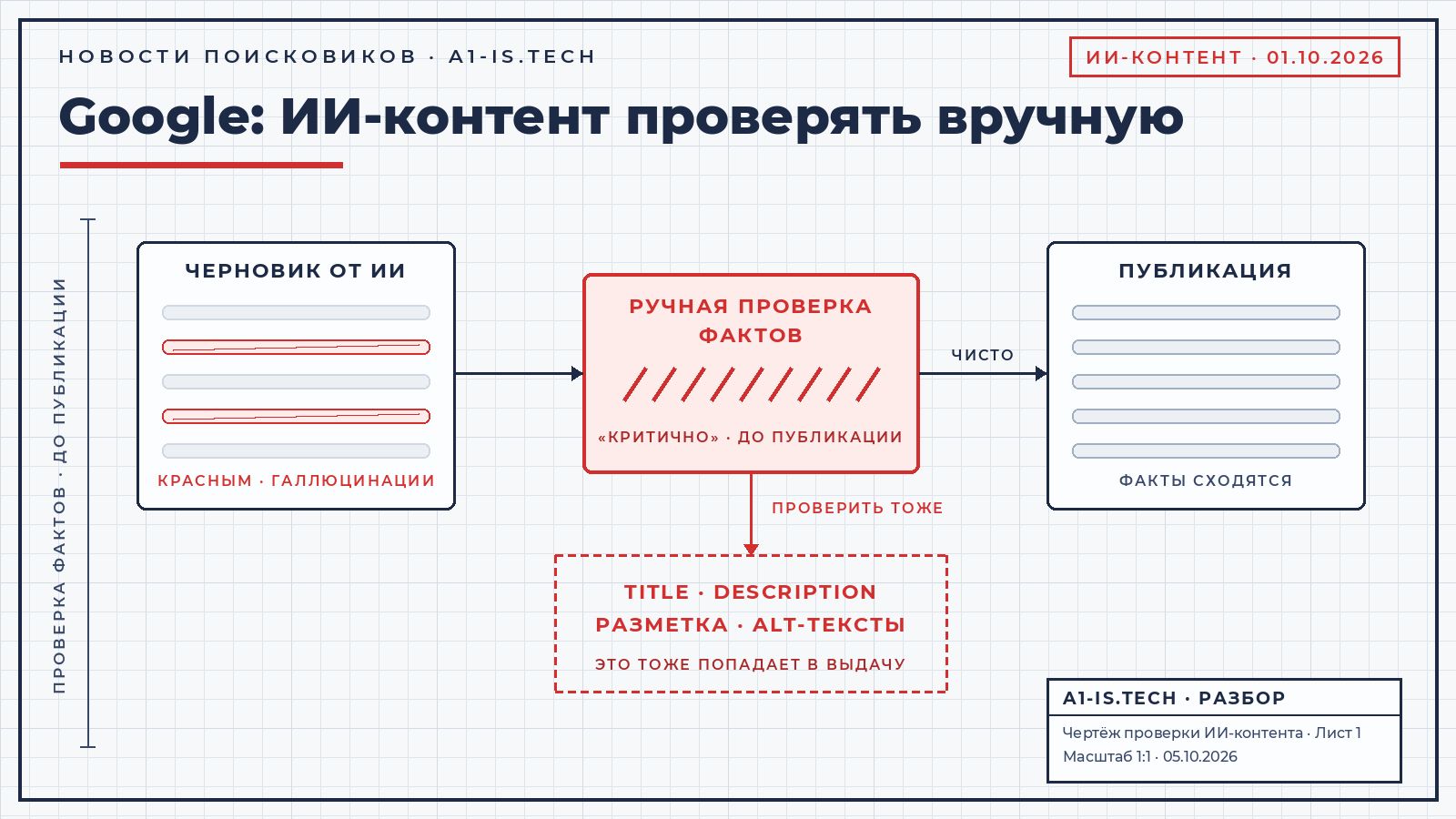 Чертёж проверки ИИ-контента: черновик от нейросети проходит ручную проверку фактов перед публикацией, отдельно проверяются мета-теги и разметка